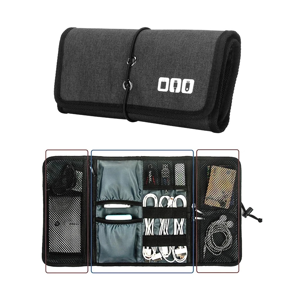 Tech Accessories Travel Organizer Pouch - กระเป๋าใส่สายไฟออแกไนเซอร์อิเล็กทรอนิกส์, ที่ชาร์จสายเคเบิลสําหรับเดินทางอุปกรณ์เสริมโทรศัพท์กระเป๋าออแกไนเซอร์ Roll up Tech กระเป๋าถือสําหรับสาย